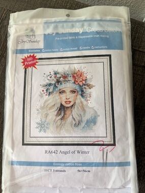 Angel of Winter Joy Sunday Pre-Printed Cross Stitch Kit 11ct Aida - NEW